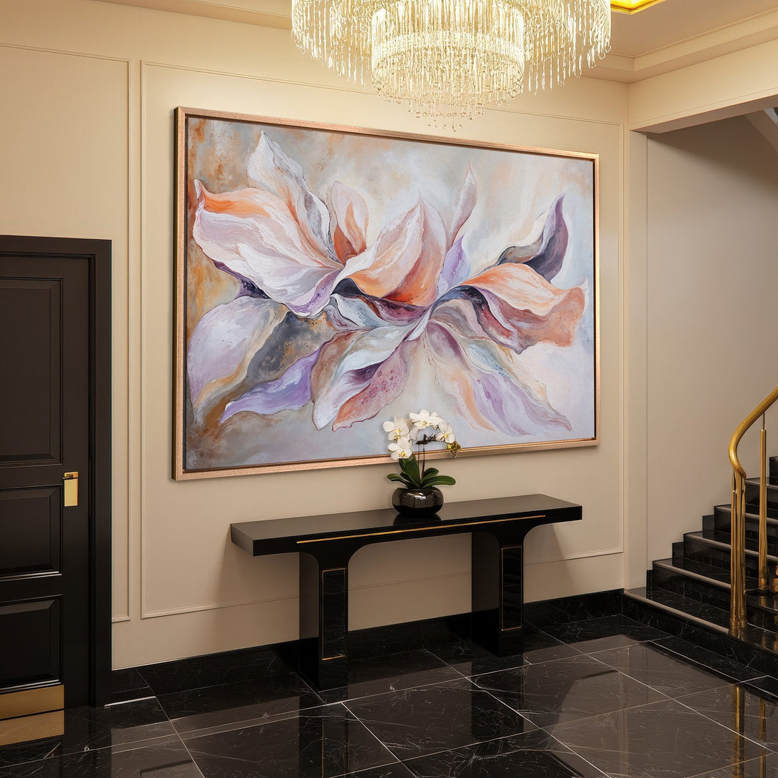Framed Wall Art: Abstract floral canvas print in a luxurious interior. Featuring a soft pastel color palette, perfect for elegant home decor.