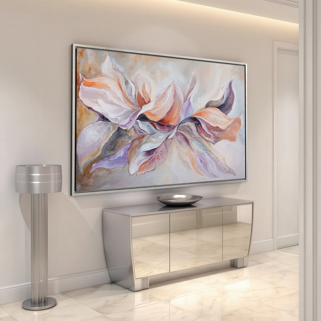 Framed Wall Art featuring a vibrant floral abstract in warm orange, purple, and white tones. Modern art canvas print perfect for home decor.