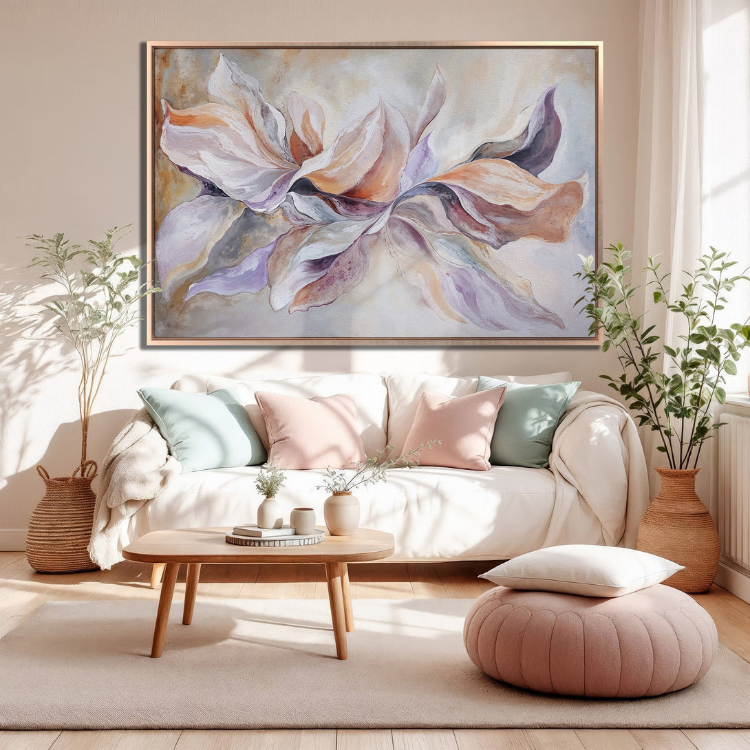 Framed Wall Art: Abstract floral canvas print with a soft peach, purple, and neutral color palette. Perfect for adding a touch of elegance to any living room.