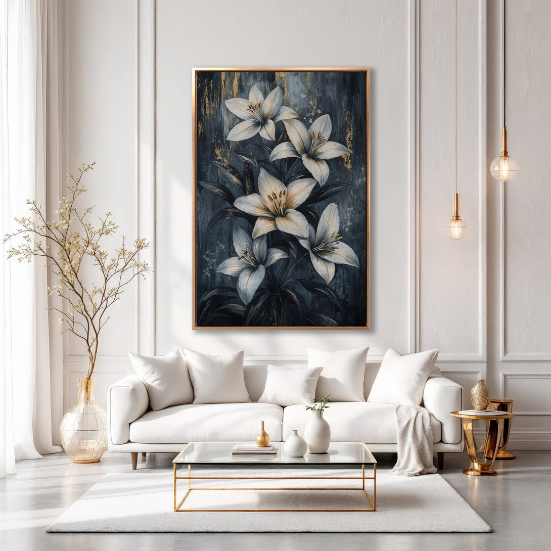 Framed Wall Art: Elegant floral painting in a modern interior. Features white lilies on a dark blue background with gold accents. Sophisticated decor.