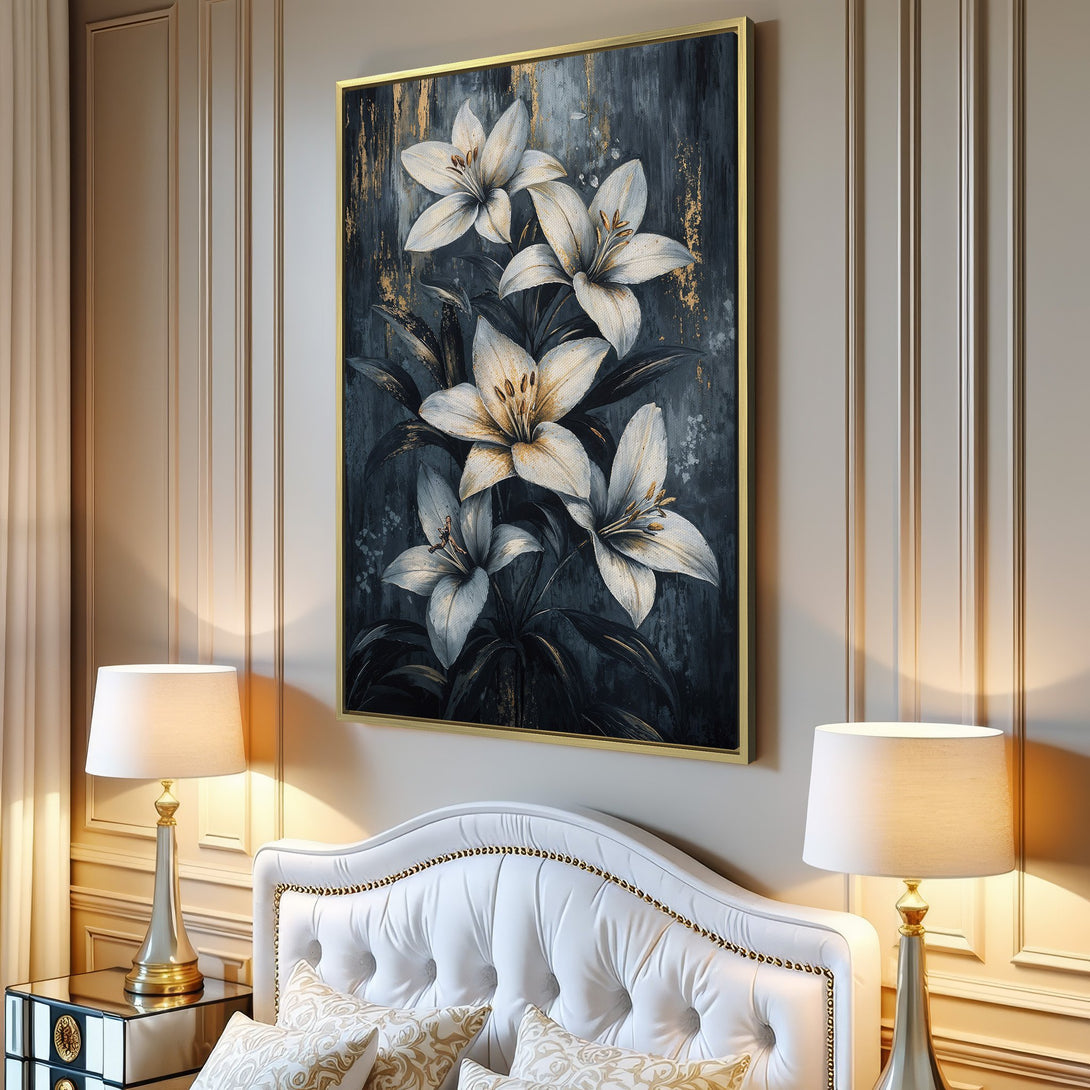 Canvas Print of elegant white lilies against a dark, textured background with gold accents. Perfect for modern home decor, featuring a cool, neutral color palette.