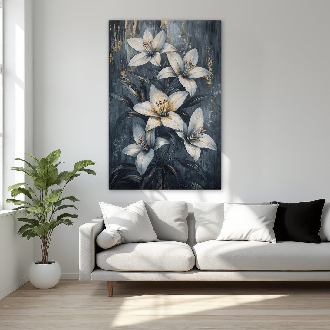 Framed Wall Art featuring elegant white lilies on a dark, textured background. A beautiful floral canvas print with gold accents.