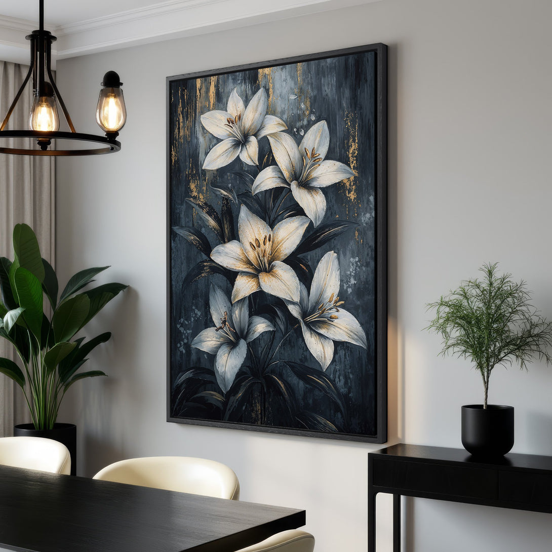 Framed Wall Art featuring elegant white lilies on a dark, textured background with gold accents. Enhance your home decor with this stylish canvas print.