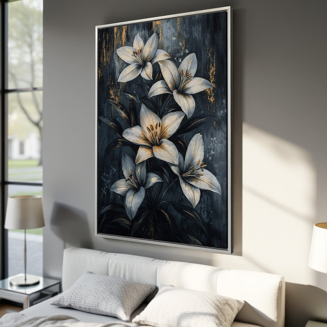Framed Wall Art: Elegant lily painting in a dark, moody palette with gold accents. Perfect for adding a touch of sophistication to any room.