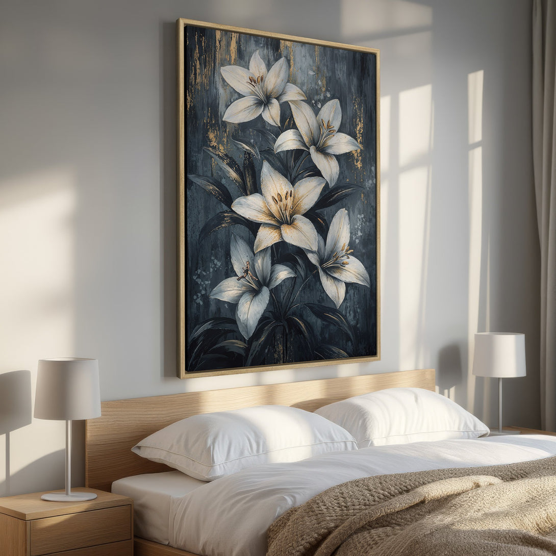 Framed Wall Art: Elegant white lily floral print on a dark, textured background. Adds a touch of sophistication with a blue, gold, and white color palette.