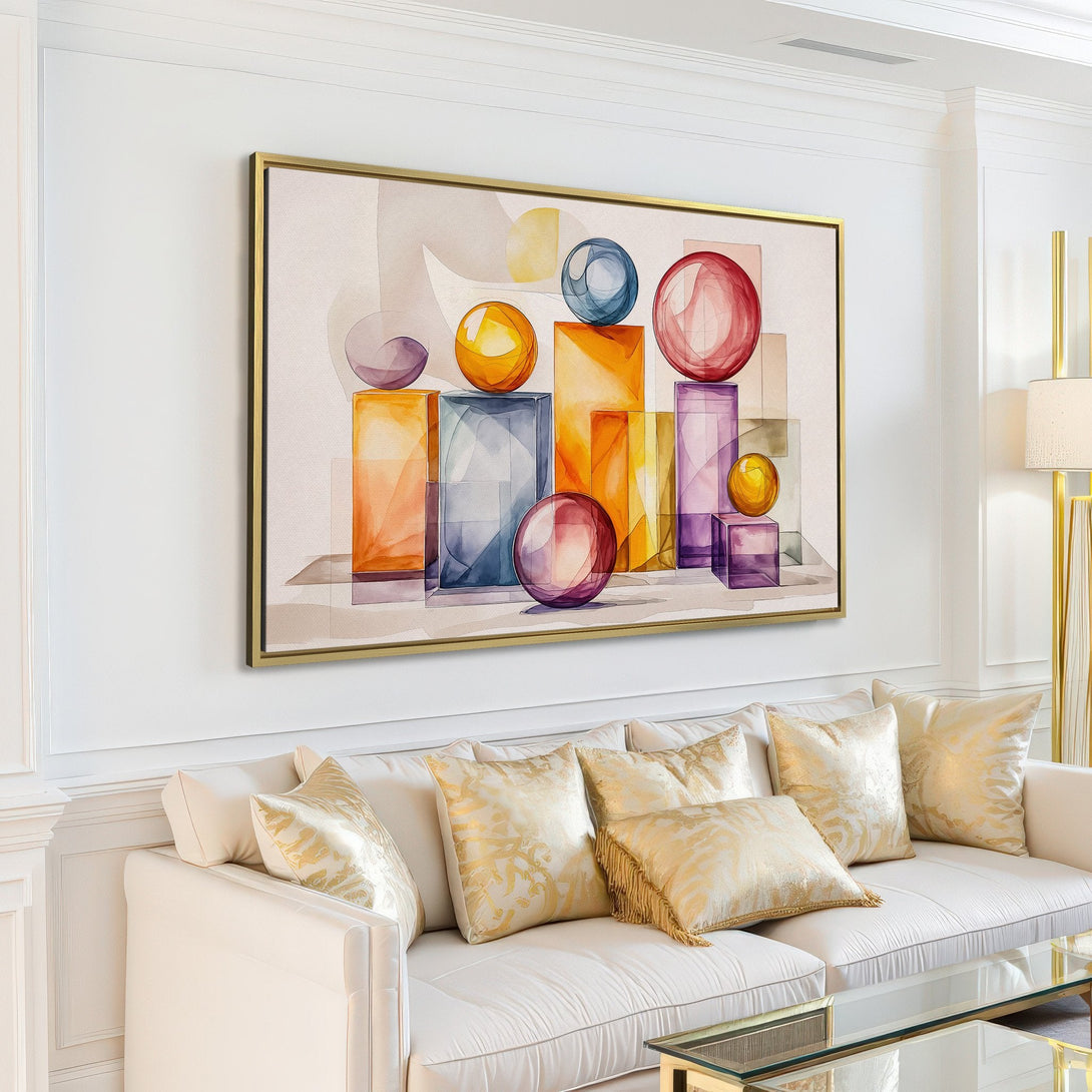 Canvas Print: Abstract watercolor art with geometric shapes in warm, inviting tones. Perfect for adding modern style to your living room.
