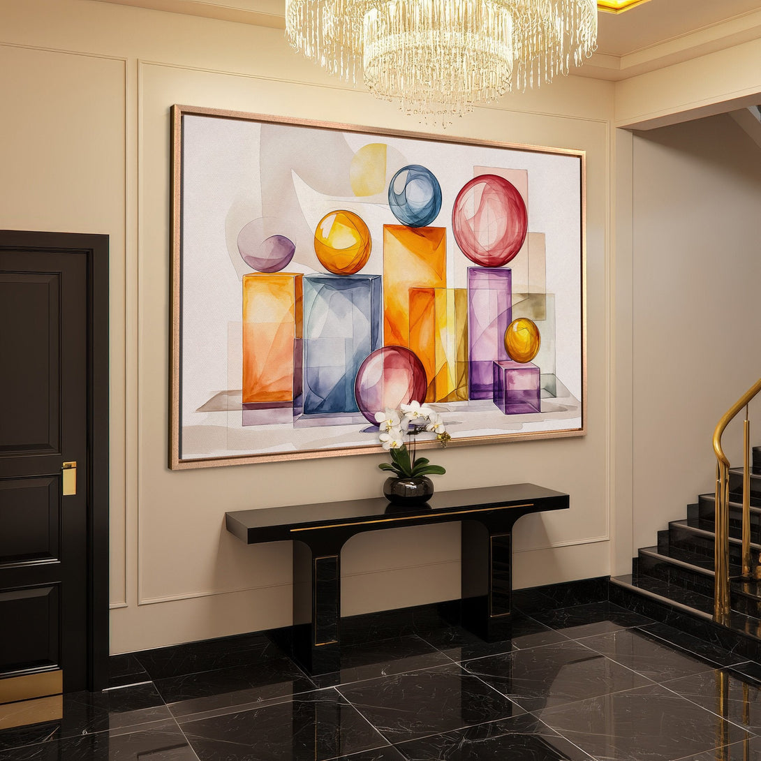 Framed Wall Art: Abstract watercolor print with geometric shapes in a modern interior. Features a warm color palette of orange, blue, and purple.