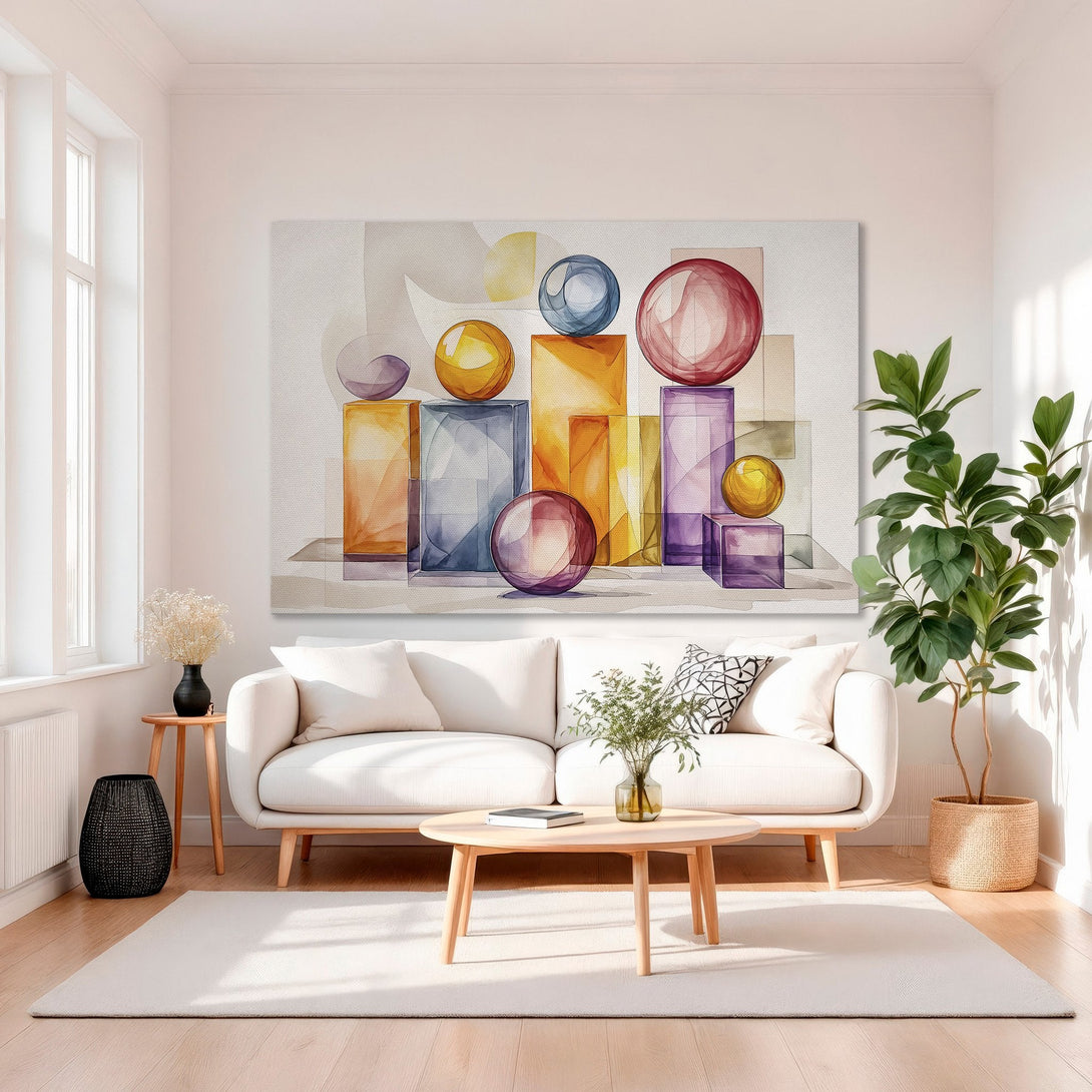 Framed Wall Art: Abstract watercolor art with geometric shapes in warm tones. Adds modern elegance to any interior. Shop now!