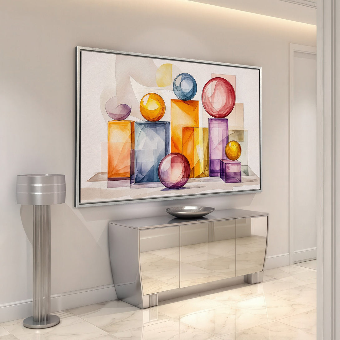 Framed Wall Art featuring an abstract watercolor design with geometric shapes in a warm, colorful palette. Perfect for modern home decor.