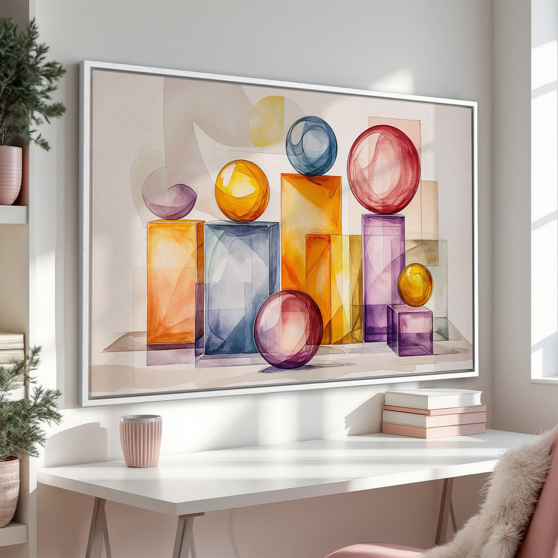 Framed Wall Art featuring an abstract watercolor design with geometric shapes in warm orange, purple, and blue tones. Perfect for modern decor.