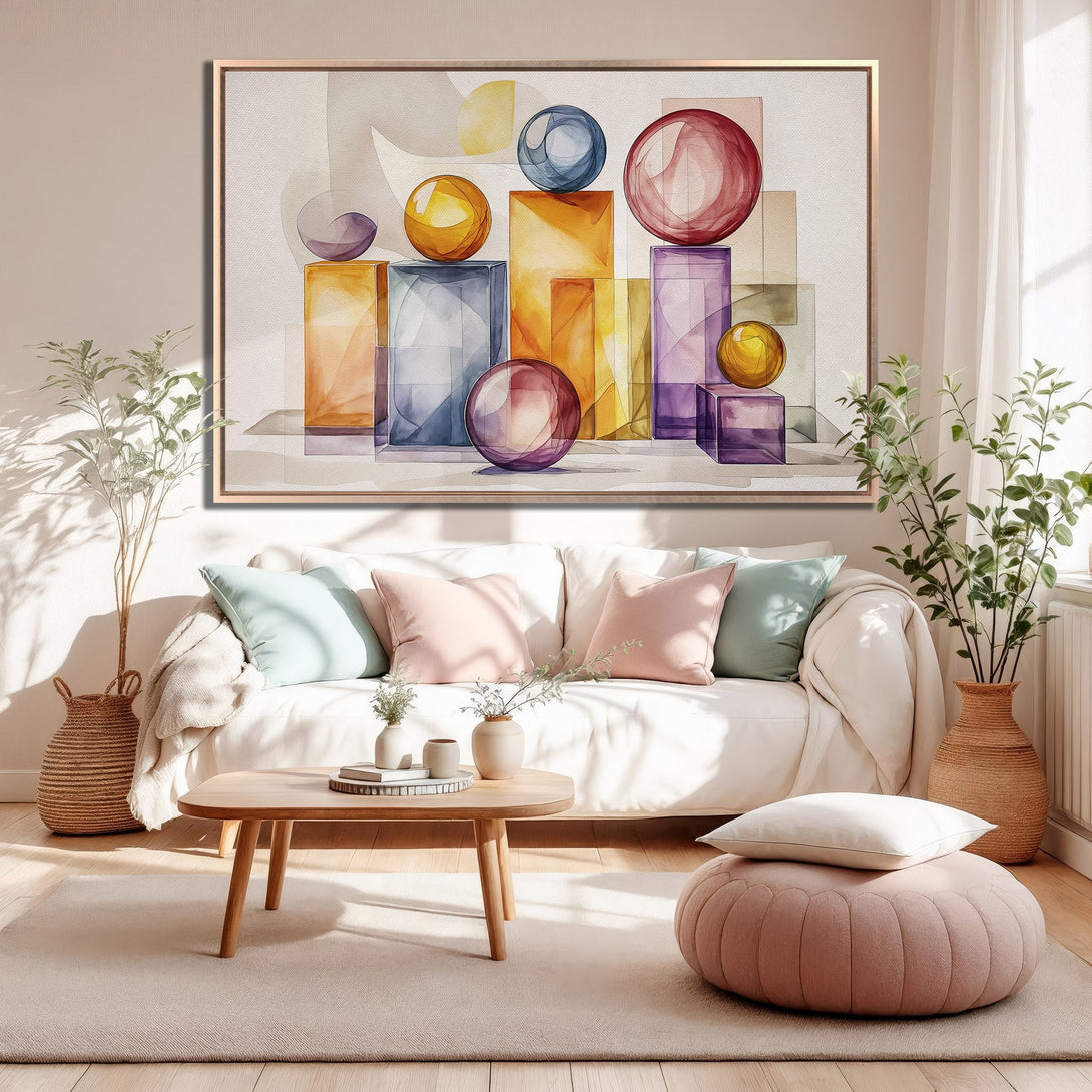 Framed Wall Art featuring an abstract watercolor design with geometric shapes in vibrant orange, yellow, blue, and purple hues. Modern art for your living room!
