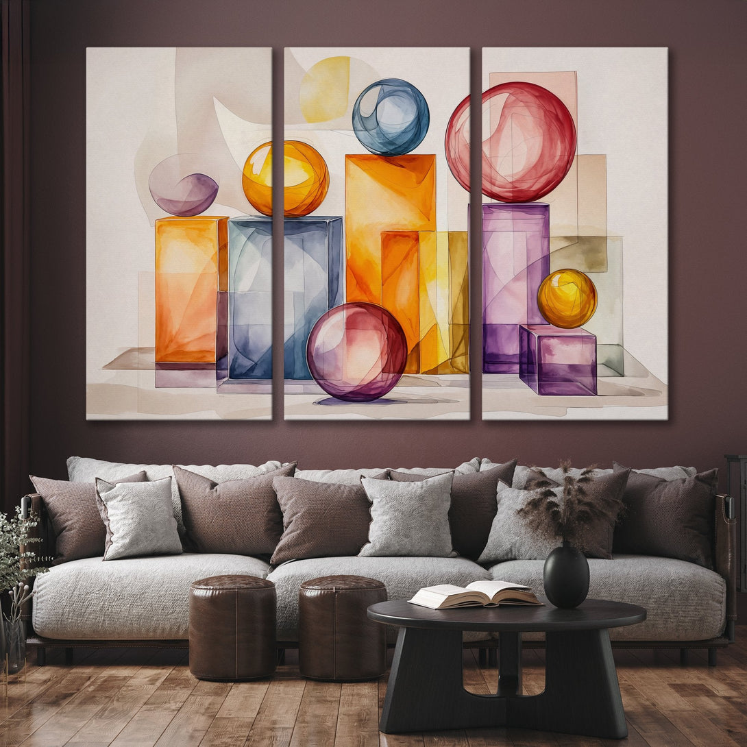 Abstract Canvas Print with geometric shapes in watercolor style. Features warm orange, blue, and purple hues. Modern wall art for living room decor.