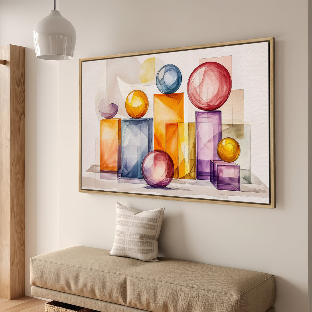 Framed Wall Art: Abstract watercolor art with geometric shapes in orange, blue, and purple. Modern art for home decor.