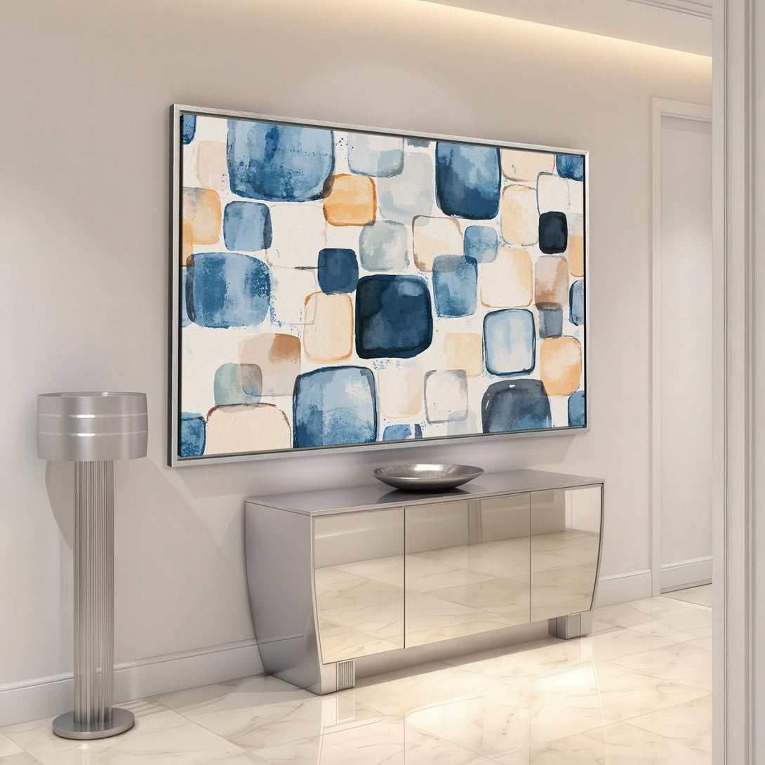 Framed Wall Art featuring abstract watercolor squares in blue, tan, and neutral tones. Perfect for adding a touch of modern art to your home decor.