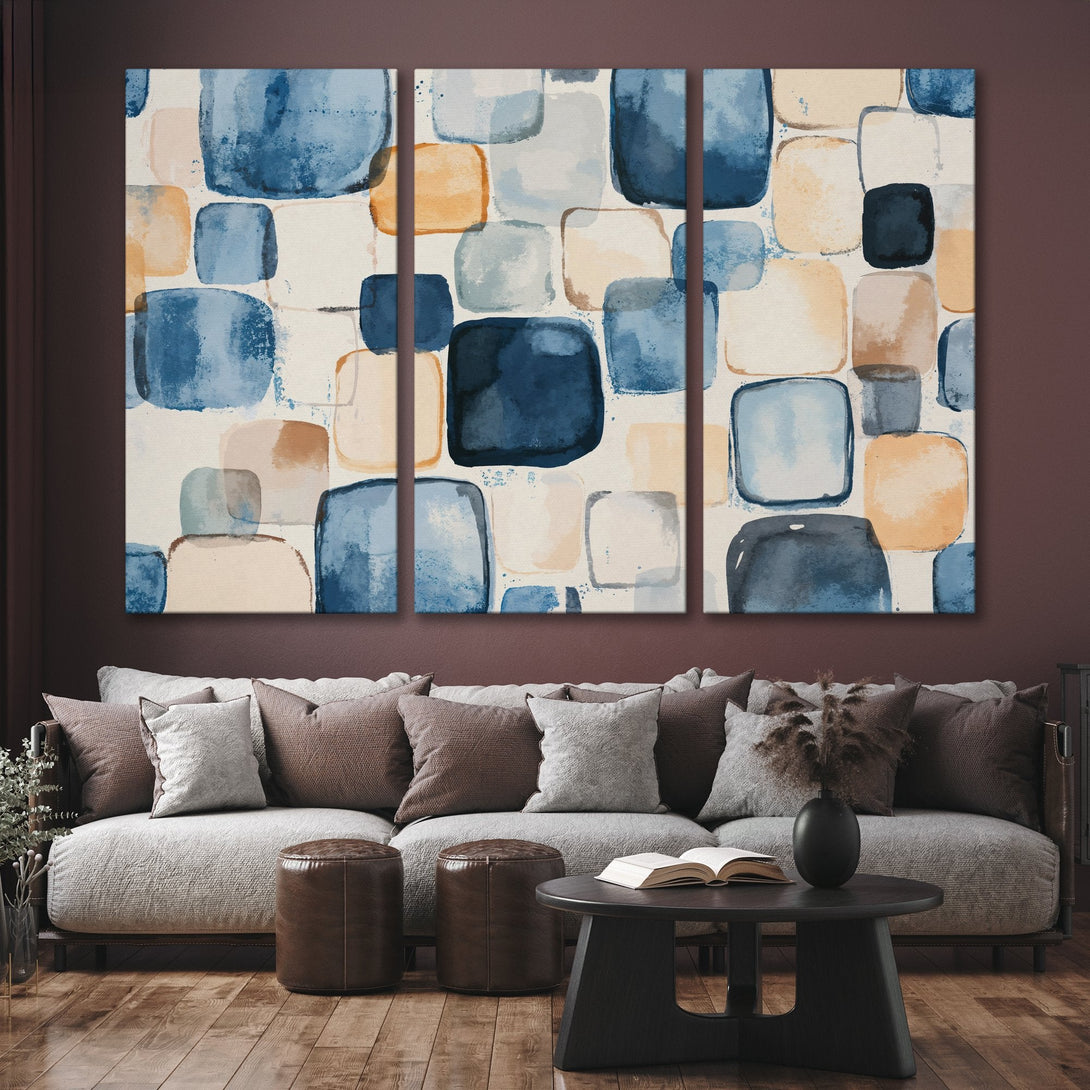 Abstract Canvas Print in blue, beige, and orange watercolor style. Modern wall art for living room decor.