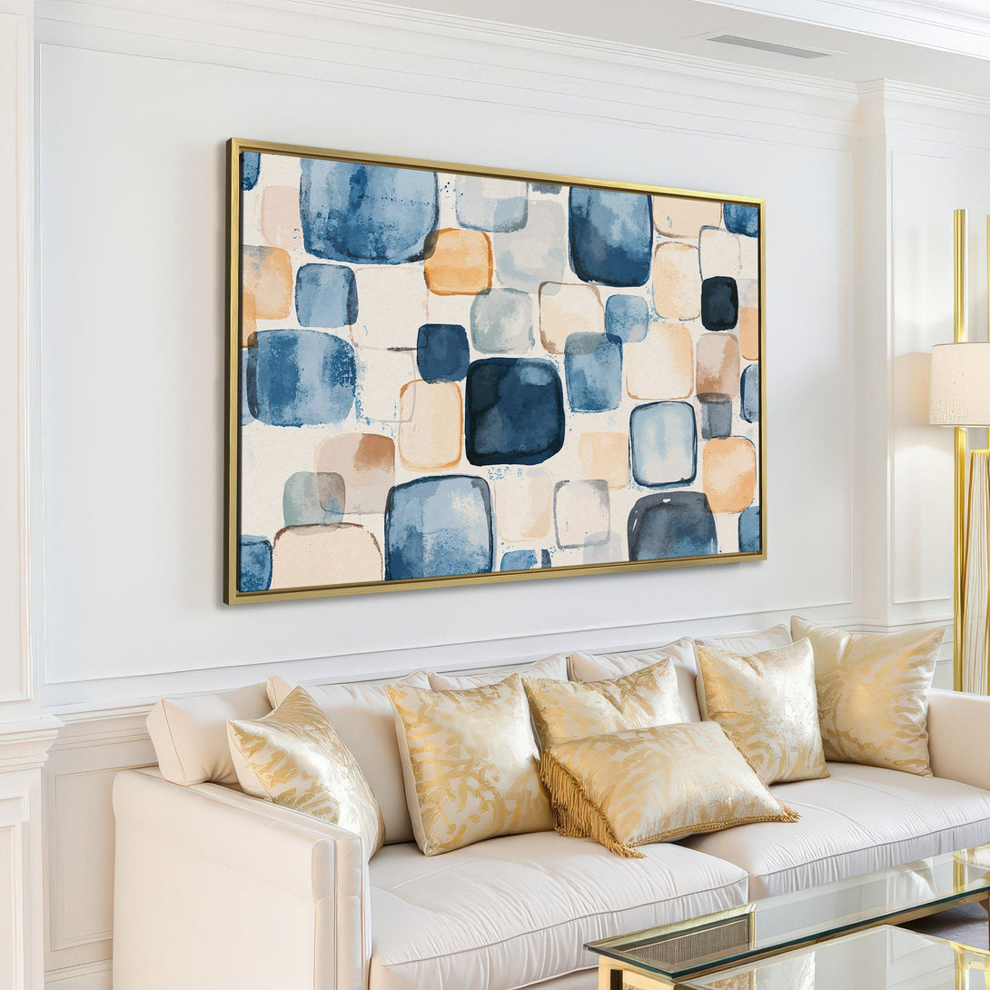 Canvas Print: Abstract watercolor art in blue, beige, and tan hues. Modern wall decor for living room. Enhance your space with this stylish art piece.