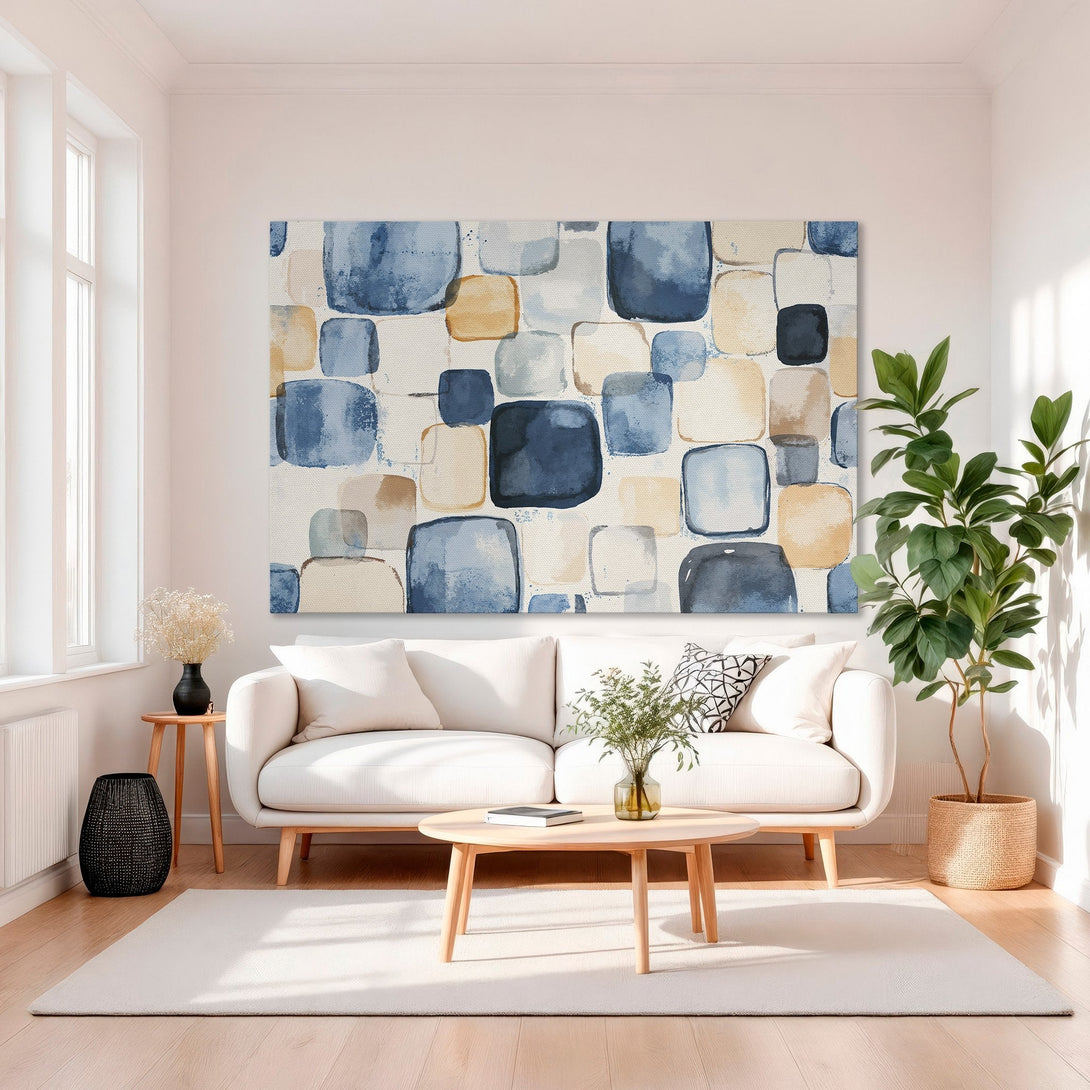 Framed Wall Art featuring abstract blue and beige watercolor squares. Modern art print adds a pop of color to any interior.