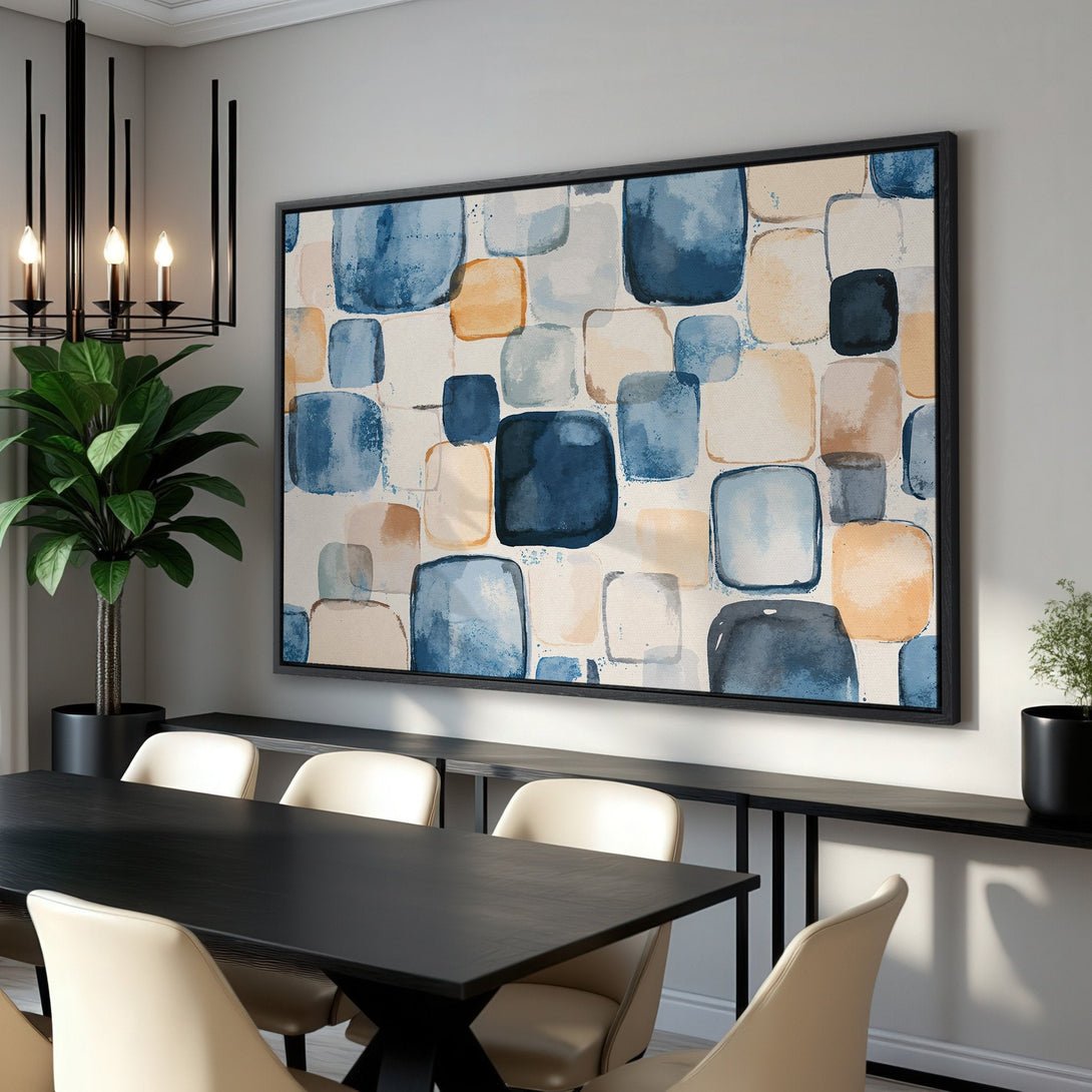 Framed Wall Art: Abstract watercolor print in blue, beige, and tan tones. Modern art canvas print adds a stylish touch to any dining room.