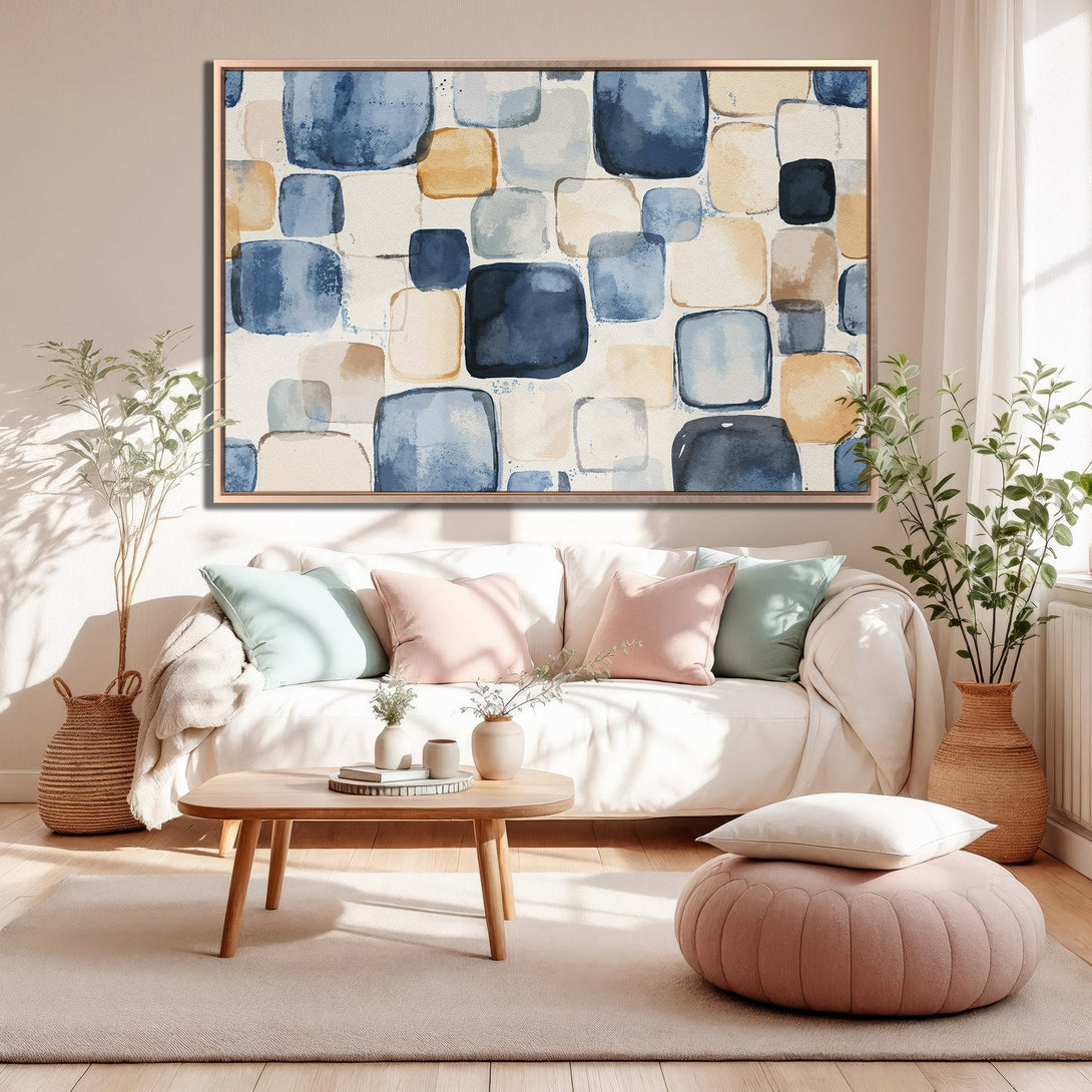 Framed Wall Art: Abstract watercolor squares in blue, beige, and gold. Modern art for living room decor. Canvas print adds a pop of color.