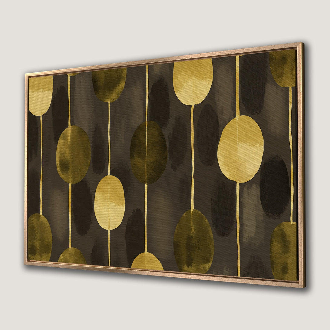 Framed Wall Art: Abstract gold and olive green circles on a dark brown background. Modern art Canvas Print for stylish home decor.