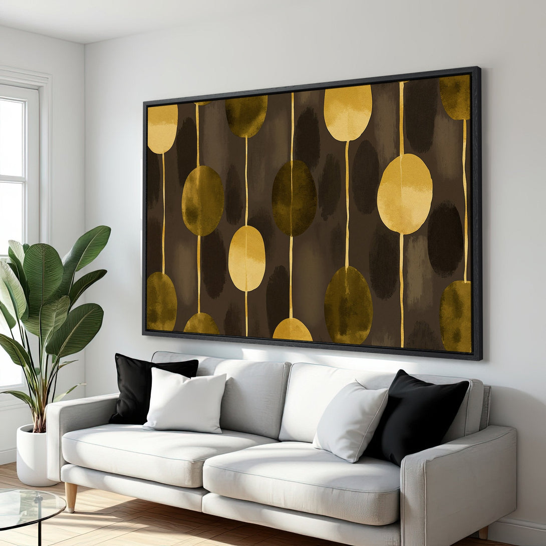 Framed Wall Art: Abstract gold and brown art print in a modern interior. Adds a touch of elegance to any space. Shop Canvas Prints today!