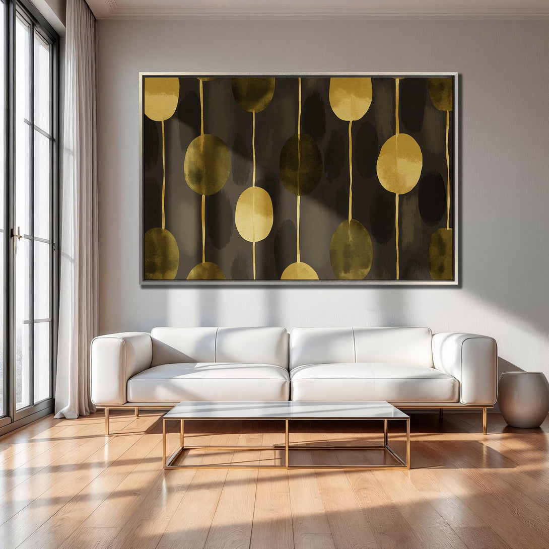 Framed Wall Art: Abstract gold and black art print in a modern living room. Enhance your space with this stylish canvas print.