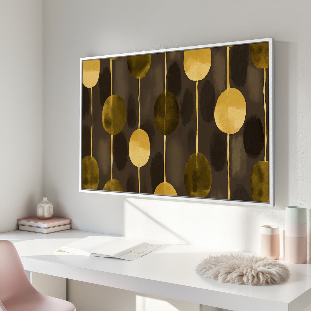 Framed Wall Art: Abstract gold and brown art print. Modern style canvas print with a warm, inviting color palette perfect for any interior.