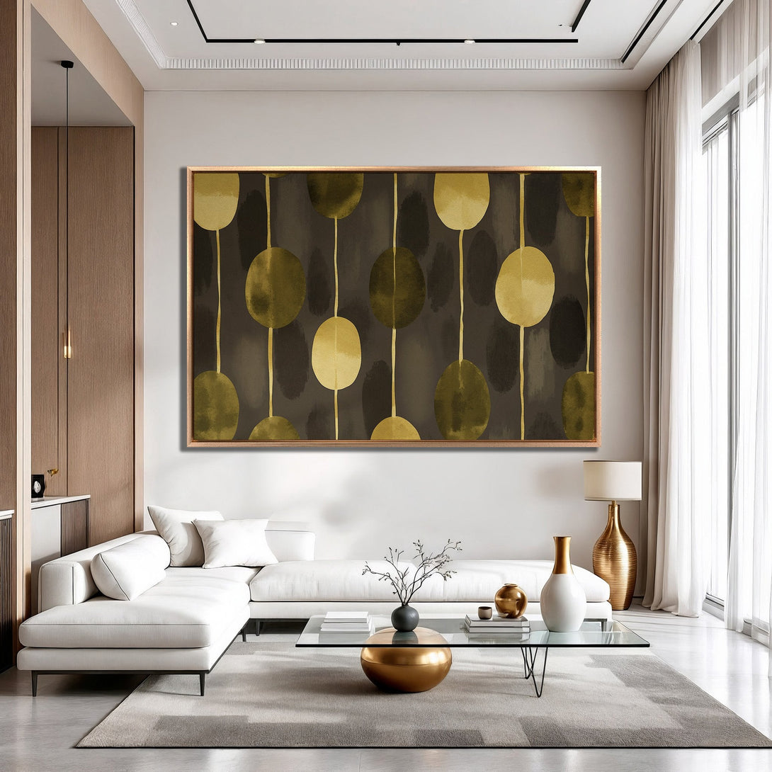 Framed Wall Art: Abstract gold and olive green art print in a modern living room. Enhance your space with this stylish canvas print.