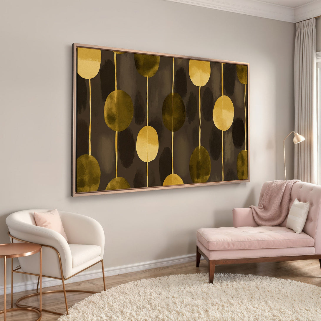 Framed Wall Art: Abstract gold and brown botanical print in a modern living room. Enhance your space with stylish wall decor!