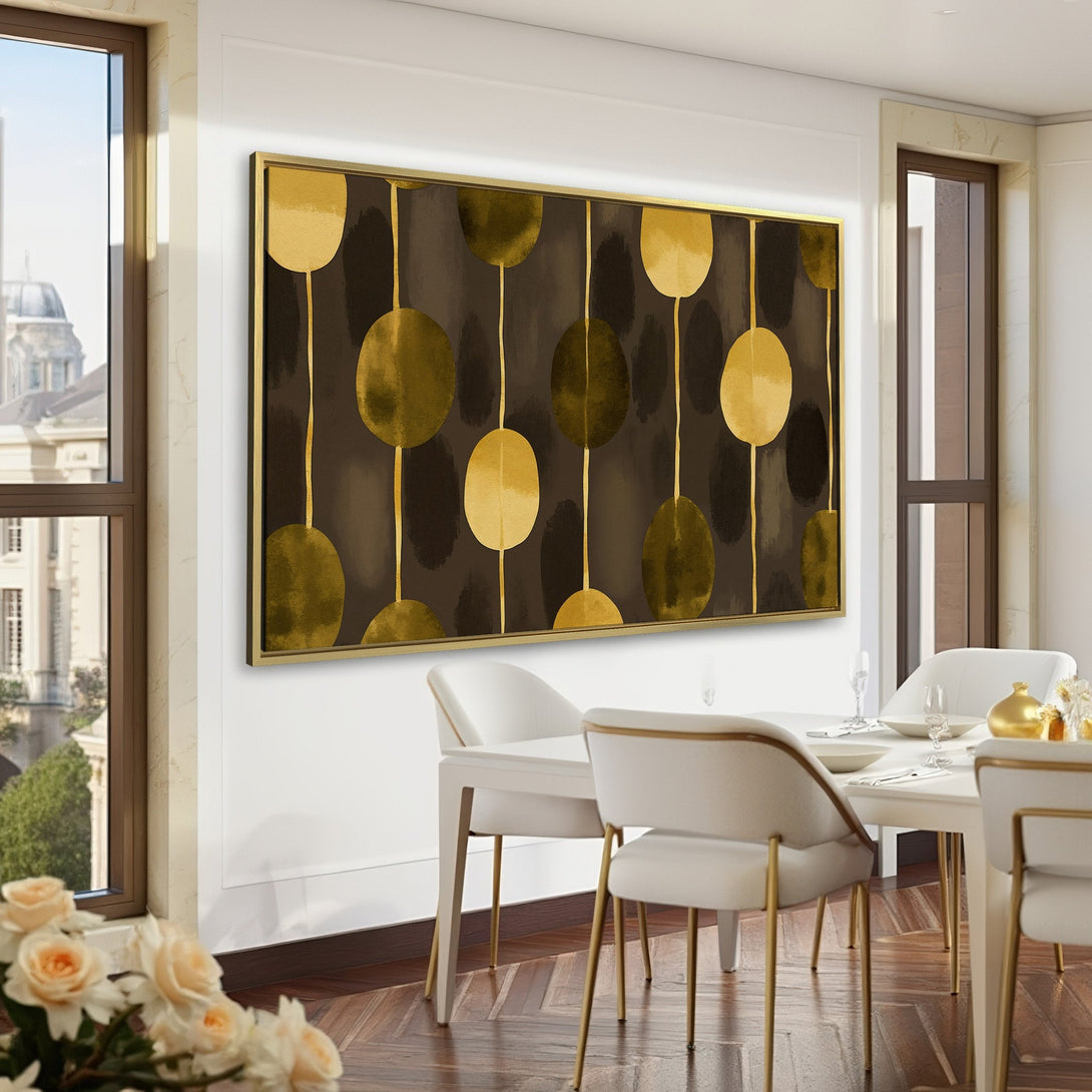 Abstract Canvas Print in gold and brown tones, displayed in a luxurious green interior. Modern wall art for a stylish home office.