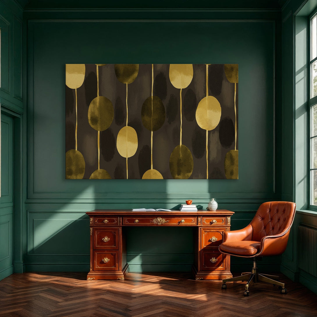 Framed Wall Art: Abstract gold and brown design canvas print, perfect for modern dining room decor. Adds a touch of elegance!