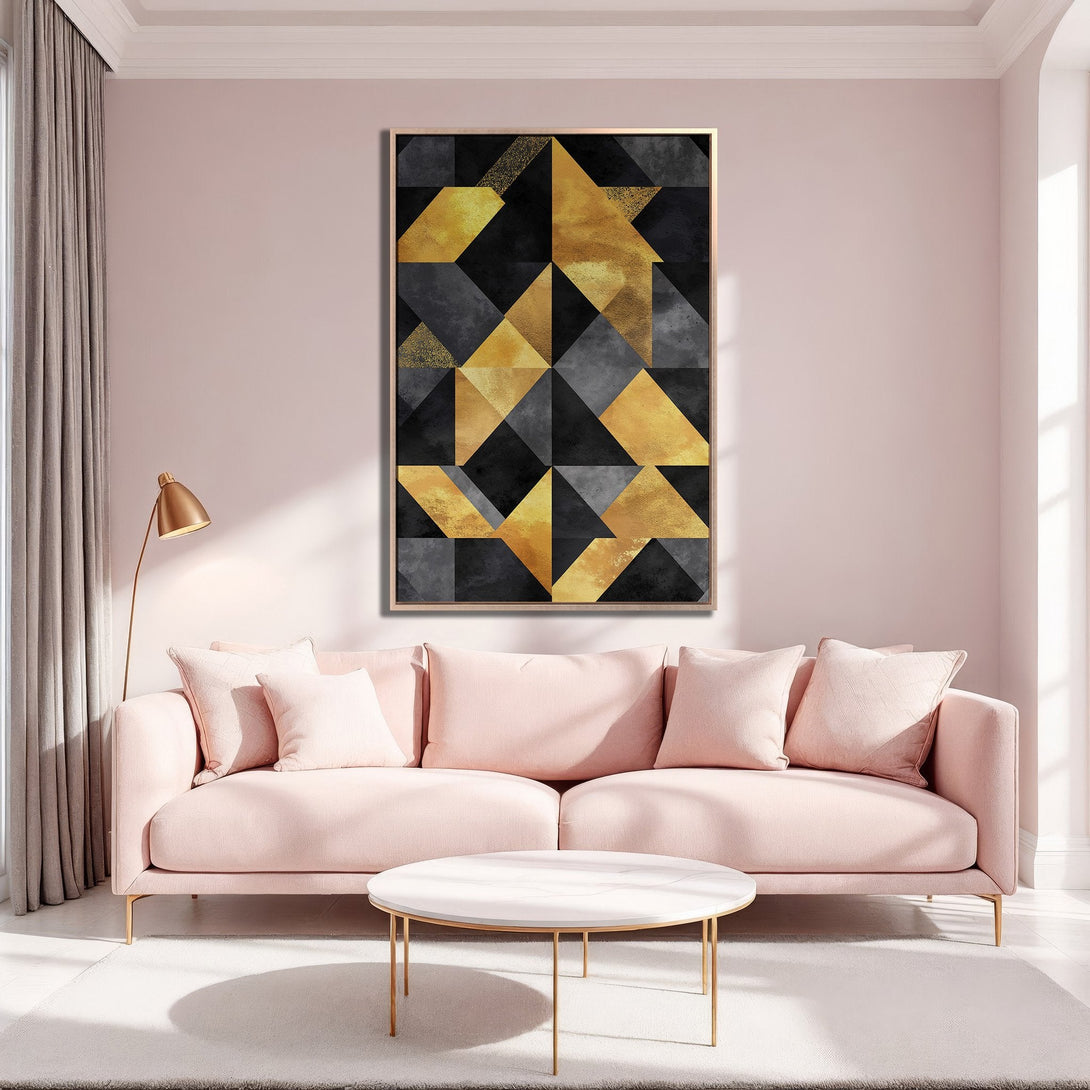 Framed Wall Art featuring a geometric abstract design in gold, black, and gray. Modern art for your living room.