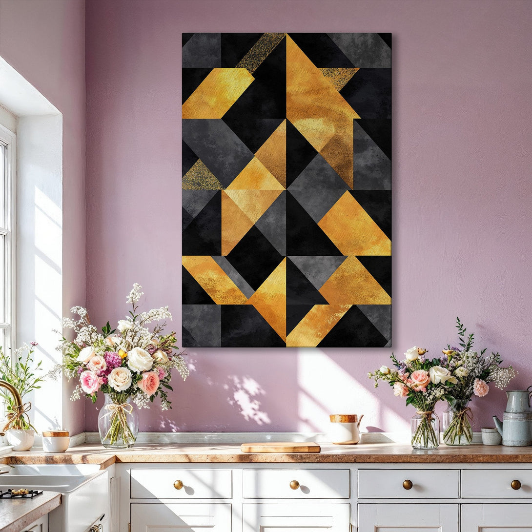 Framed Wall Art: Modern geometric abstract art in gold, black, and gray, displayed in a stylish interior. Elevate your space with this stunning canvas print!