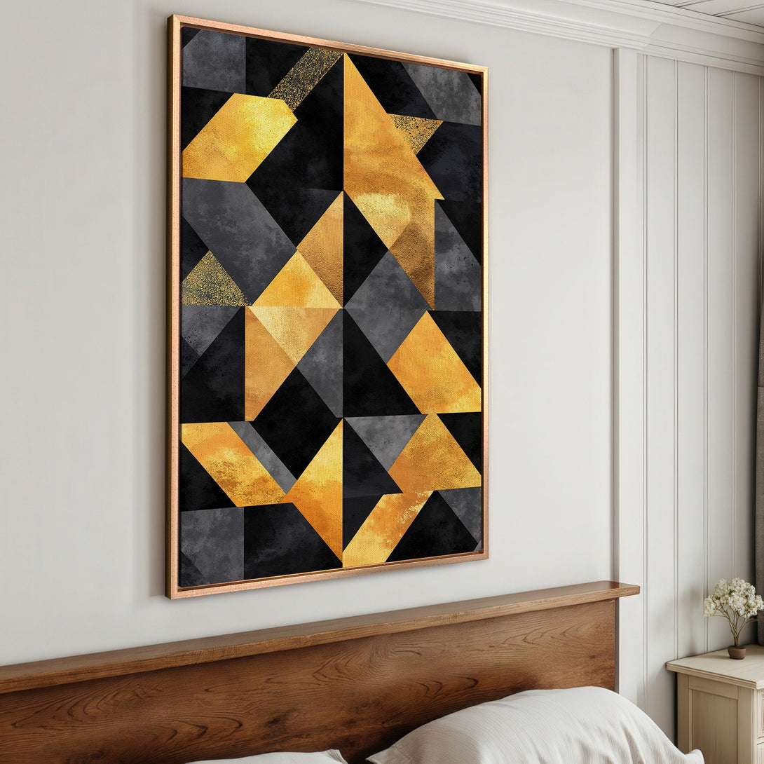 Framed Wall Art featuring a modern geometric design in black, gold, and gray. Elevate your space with this abstract Canvas Print!