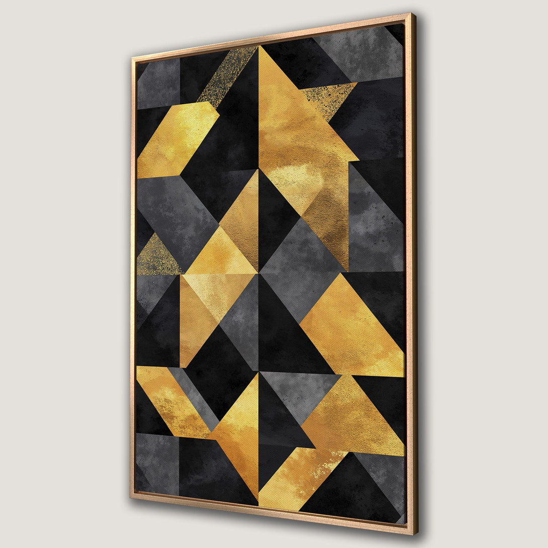 Framed Wall Art featuring a modern geometric design in black, gold, and gray. Perfect for adding a touch of luxury to your home decor.
