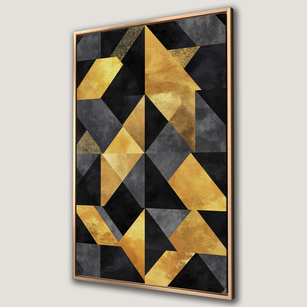 Framed Wall Art featuring a modern geometric design in black, gold, and gray. Perfect for adding a touch of luxury to your home decor.