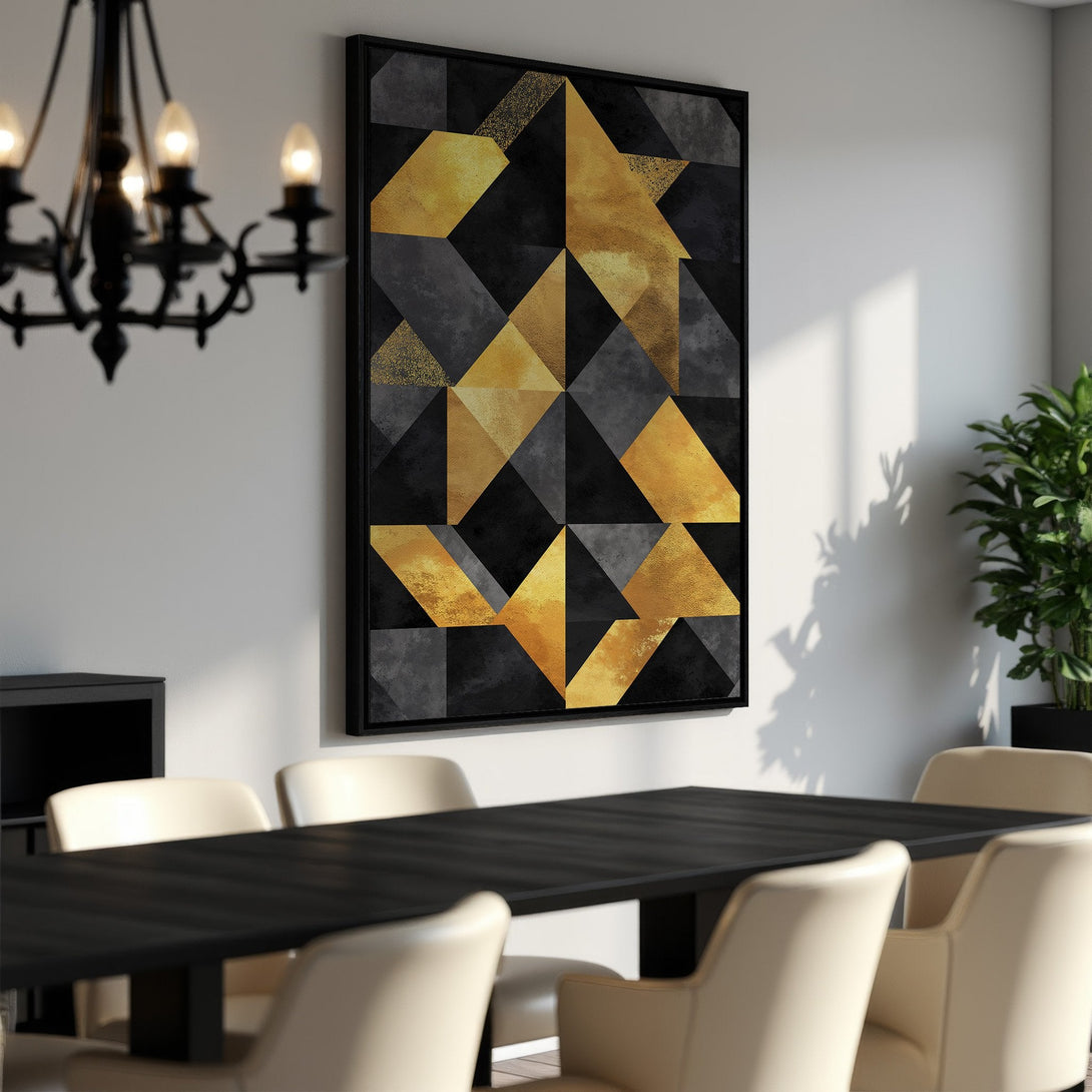 Framed Wall Art: Geometric abstract art in black, gold, and gray. Modern canvas print adds a touch of luxury to any dining room or living space.