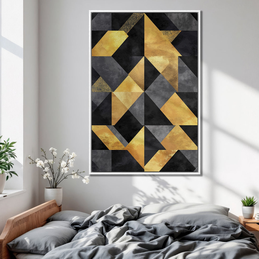 Framed Wall Art featuring a geometric abstract design in gold, black, and gray. Modern art for bedroom decor. Shop now!