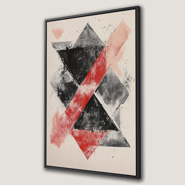 Framed Wall Art: Abstract geometric Canvas Print with red, black, and gray brushstrokes. Modern art piece for home decor.