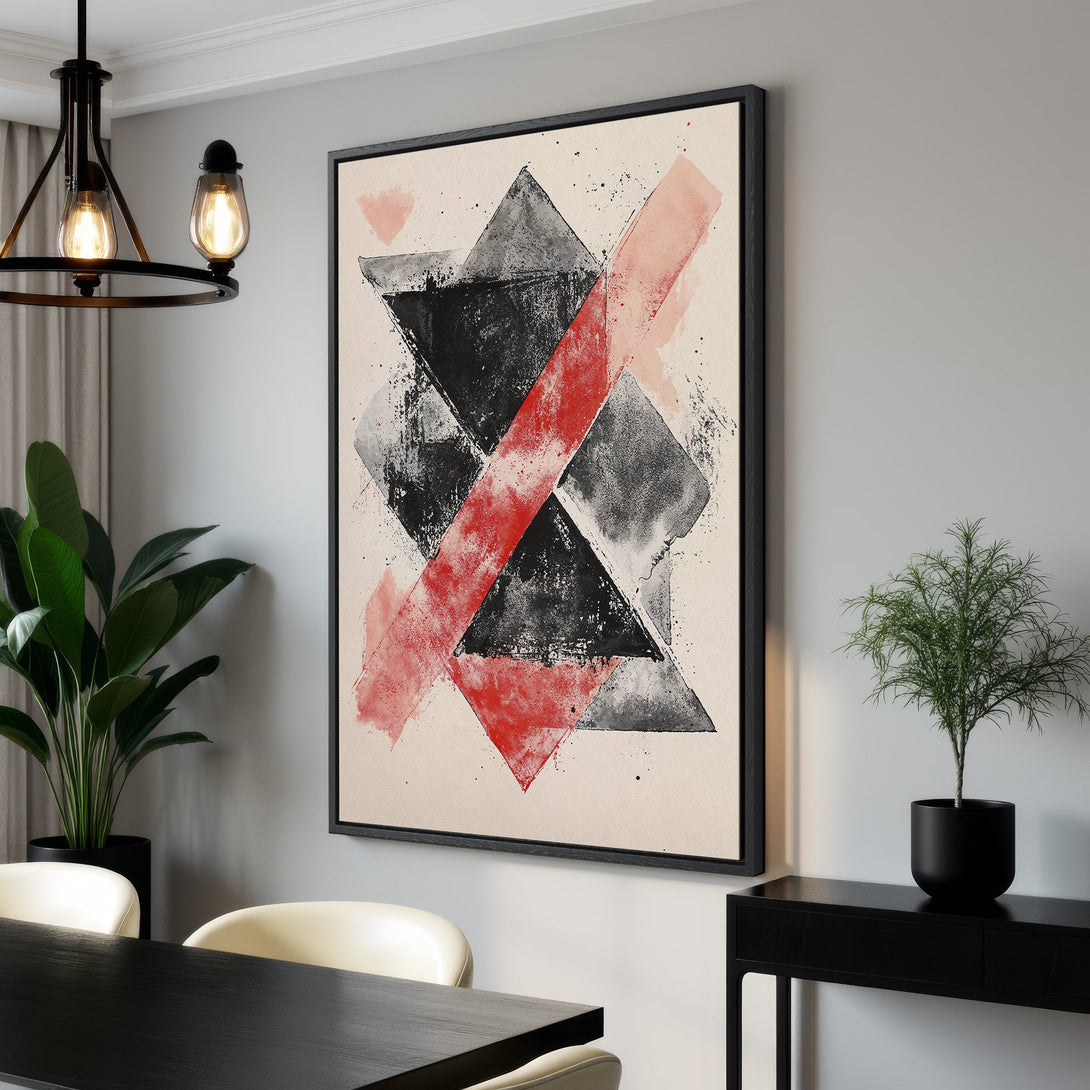 Framed Wall Art: Abstract geometric canvas print in black, red, and gray. Modern art for your home decor, featuring a neutral color palette.