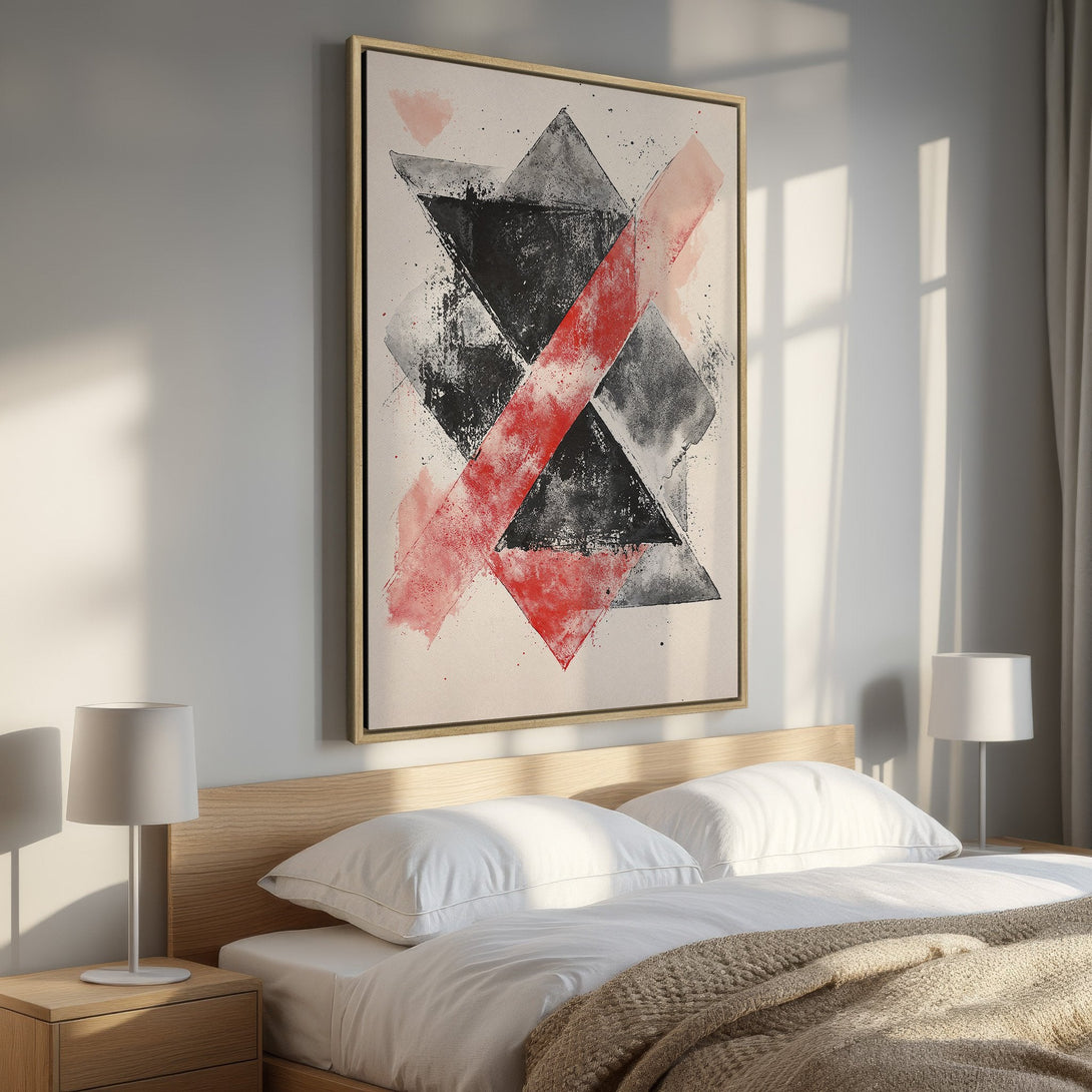 Framed Wall Art: Abstract geometric canvas print in black, red, and gray. Modern art for bedroom decor. Enhance your space with this stylish piece.