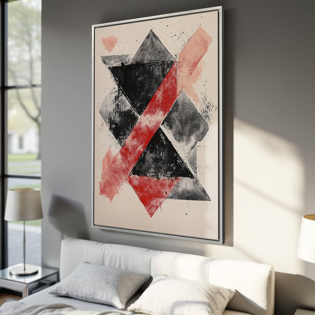 Framed Wall Art featuring abstract geometric art in black, red, and gray. Modern canvas print adds a pop of color and style to any room.