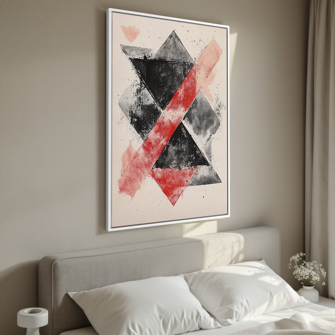 Framed Wall Art: Abstract geometric canvas print with black, red, and neutral tones. Modern art for bedroom decor.