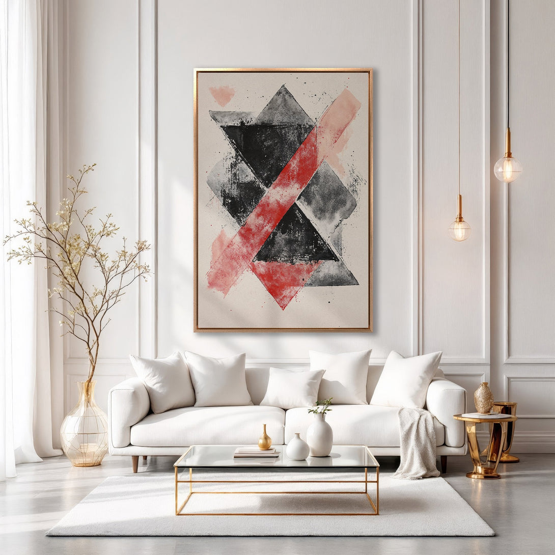 Framed Wall Art: Abstract geometric art in black, red, and gray. Modern decor inspiration for living room with a neutral color palette.
