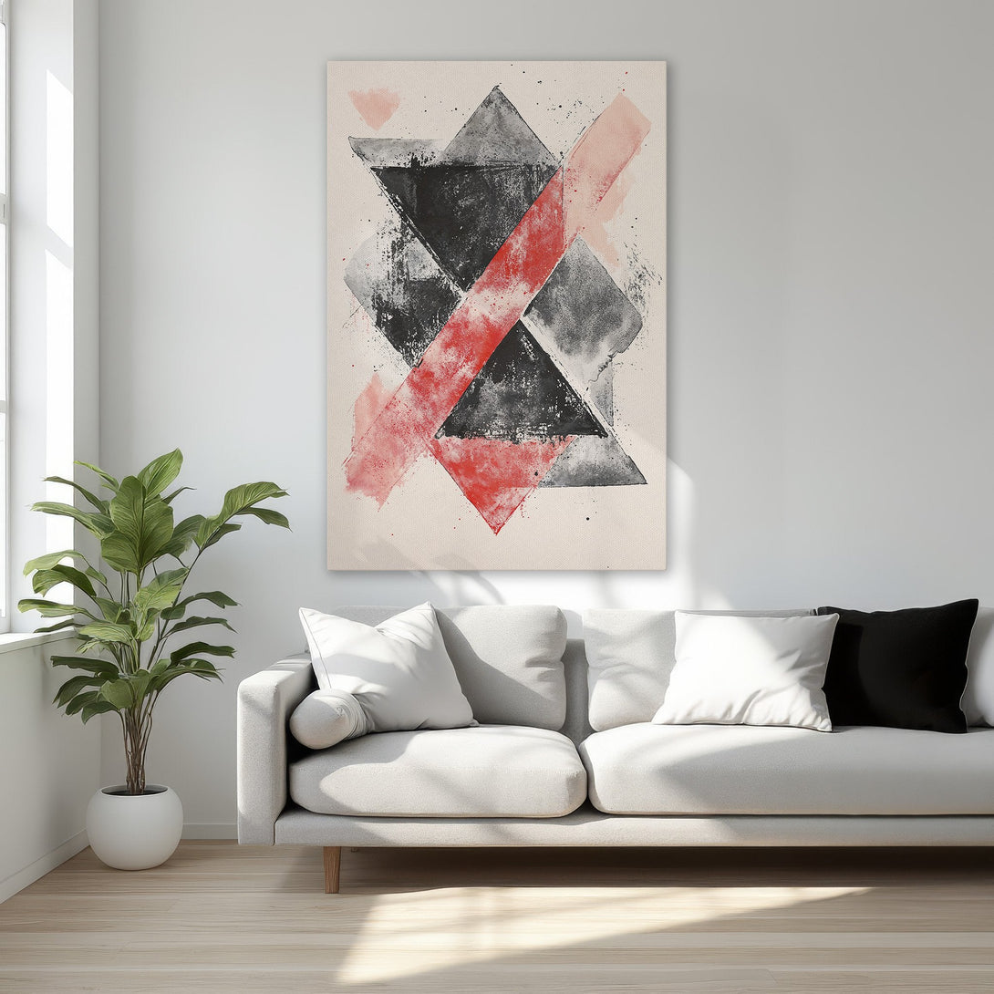 Framed Wall Art: Abstract geometric Canvas Print in black, red, and gray. Modern art for your home decor.