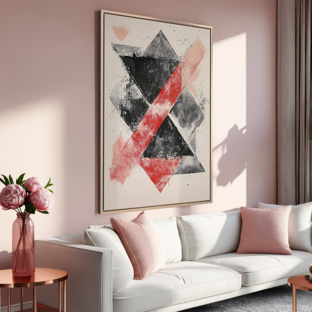 Framed Wall Art featuring abstract geometric shapes in black, red, and gray tones. Modern art print perfect for adding a pop of color to any interior.