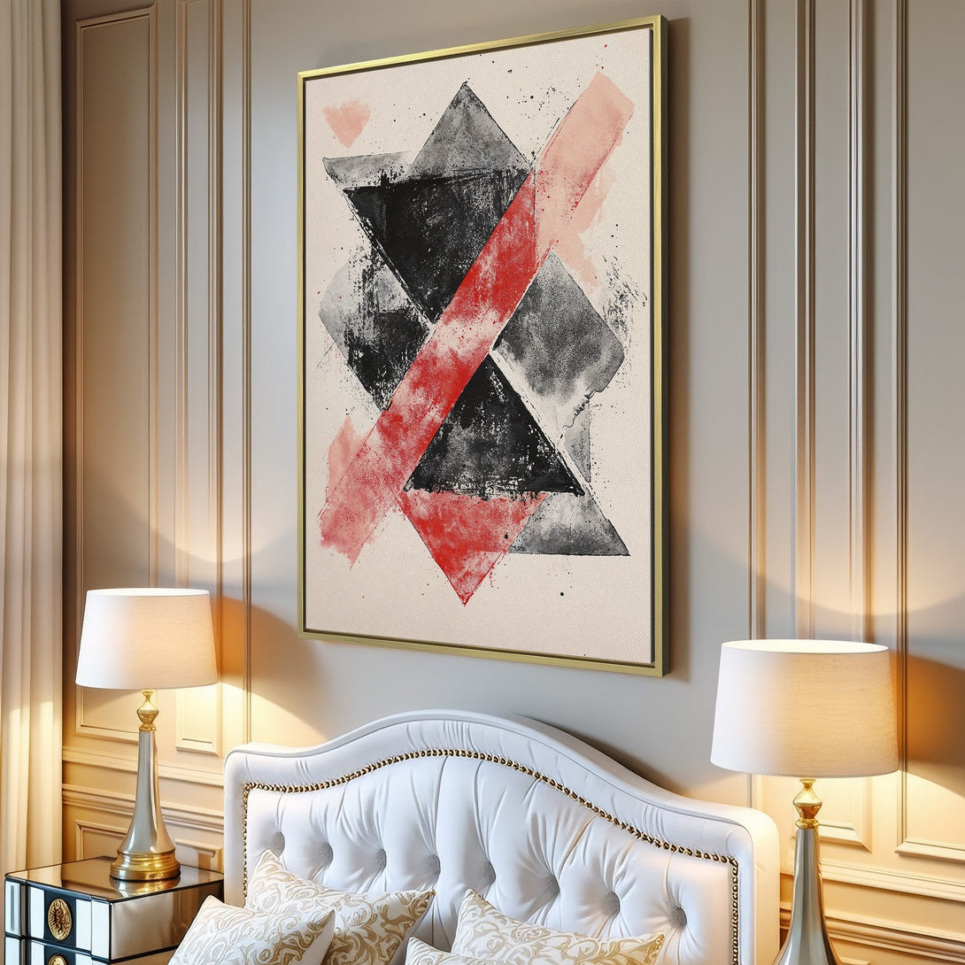 Abstract Canvas Print art in a modern living room. Features geometric shapes in black, gray, and red. Enhance your space with this stylish wall art!