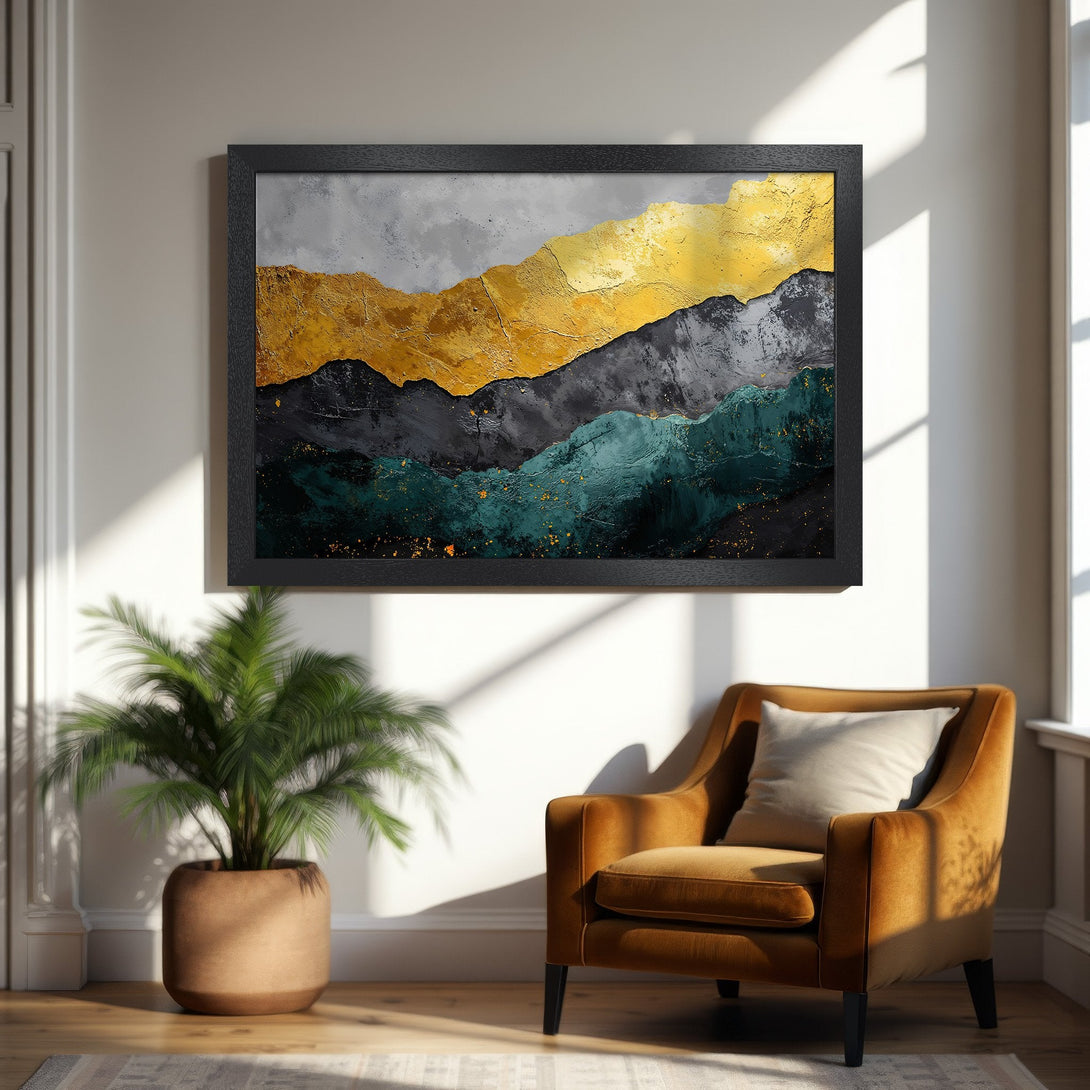 Framed Poster featuring abstract mountain art in gold, gray, and teal. Modern wall decor for a stylish home.