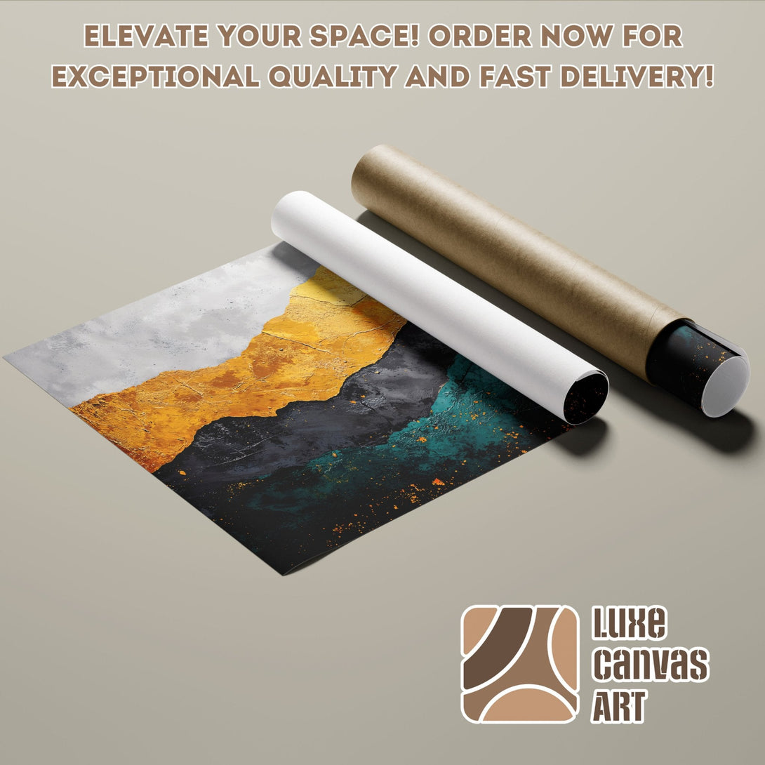 Abstract art poster roll with gold, teal, and gray color palette. Elevate your space with Luxe Canvas Art!
