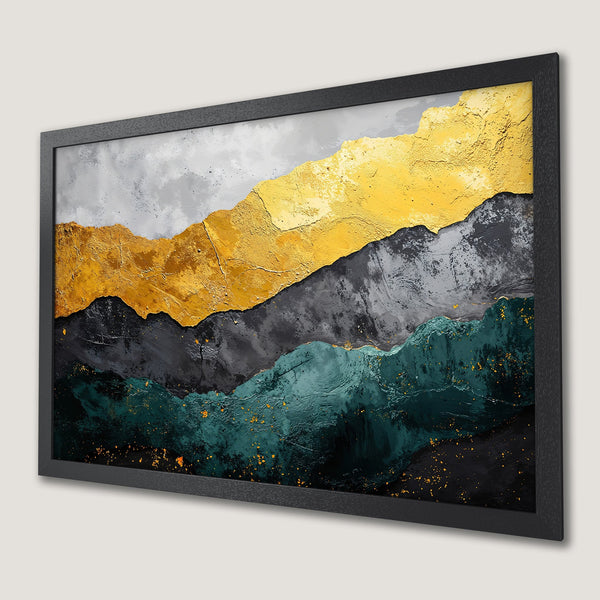 Framed Poster featuring abstract mountain art in gold, gray, and teal. Modern wall decor for your home.